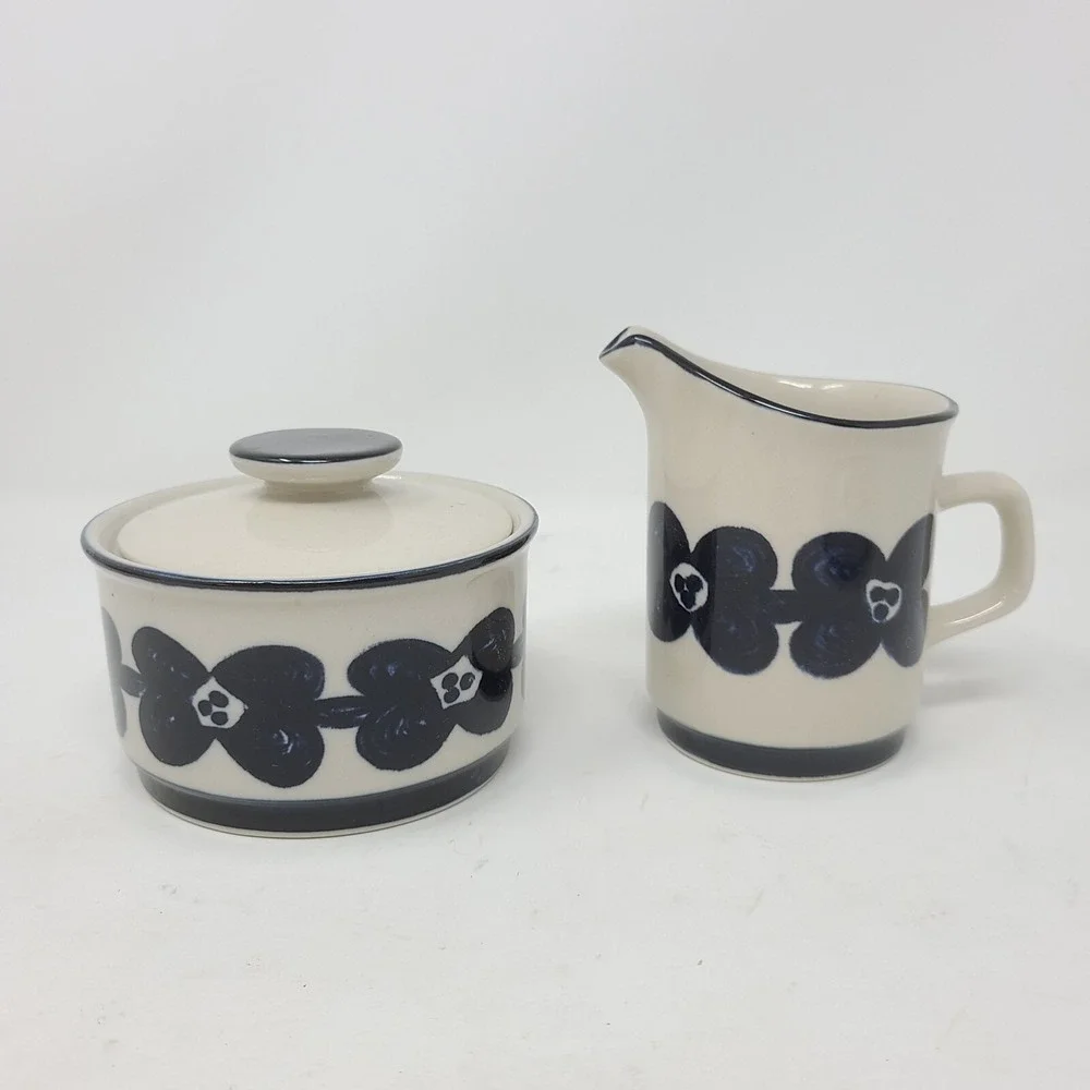 Design Four Stoneware Cream & Sugar‎ w/ Lid 681 Kalmar Blue Floral EUC